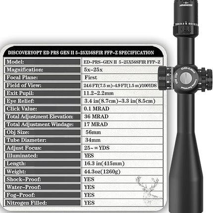 DISCOVERYOPT ED-PRS GENⅡ 5-25X56SFIR FFP-MRAD/MOA-ZERO STOP Diameter: 34MM Optiek Scopes