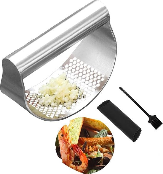 RVS Knoflookpers Set –  Met Borstel en Peller – Vaatwasserbestendig
