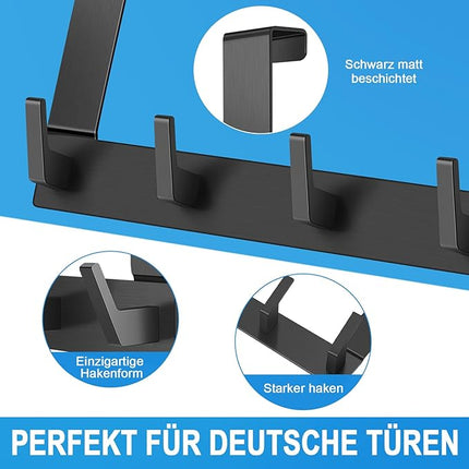 Türgarderobe mit 6 Haken – platzsparende Türhaken ohne Bohren – schwarzes Aluminium