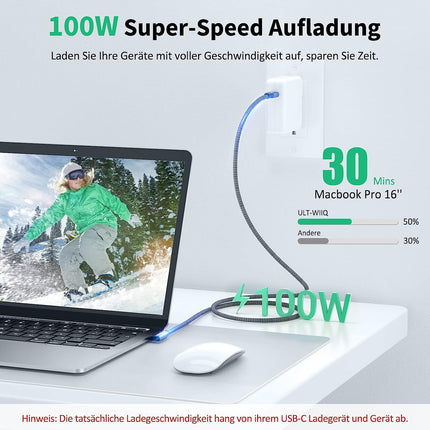 USB-C-auf-USB-C-Kabel, 100 W, 20 Gbit/s, 90-Grad-Winkel, USB 3.2 Gen2 × 2 Typ-C-Datenkabel mit 4K@60Hz-Videoübertragung, 20 Gbit/s Datenübertragung, PD 3.0 QC 4.0 5A Ladekabel für Monitor, OTG, USB-C-Geräte ( 2 Meter) 