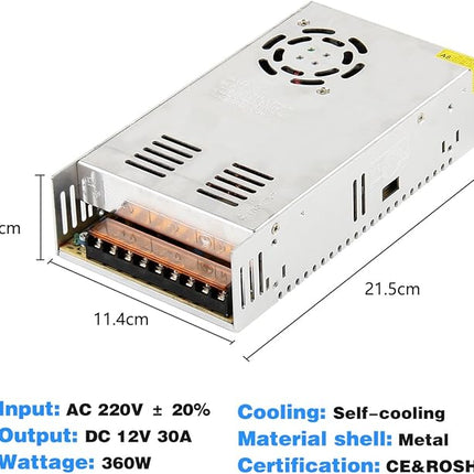 SUPERNIGHT - 12V 30A 360W Schakelvoeding met Beveiliging – Voor LED, 3D-printers en Meer