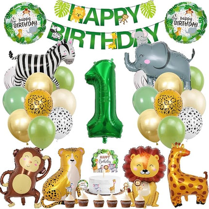 Verjaardagsdecoratie Set - 1 Jaar - Jungle Thema - Ballonnen Vlaggen Taart  Banner en meer - Kinderfeest