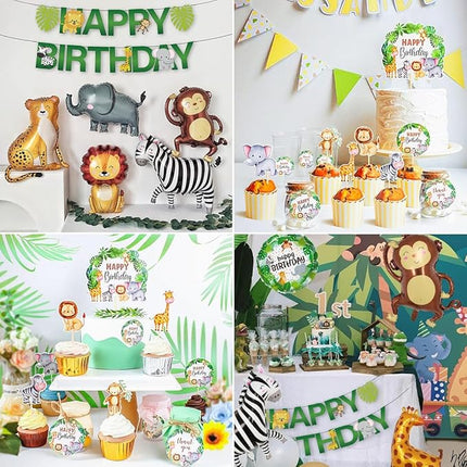 Verjaardagsdecoratie Set - 1 Jaar - Jungle Thema - Ballonnen Vlaggen Taart  Banner en meer - Kinderfeest