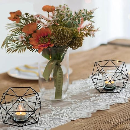 Zwarte Metalen Theelichthouder Set van 2 - Elegante Geometrische Decoratie