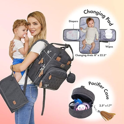 Wickeltaschen-Rucksack – großer multifunktionaler Wickelrucksack mit mobiler Wickelunterlage, Schnullerhalter und Kinderwagengurten