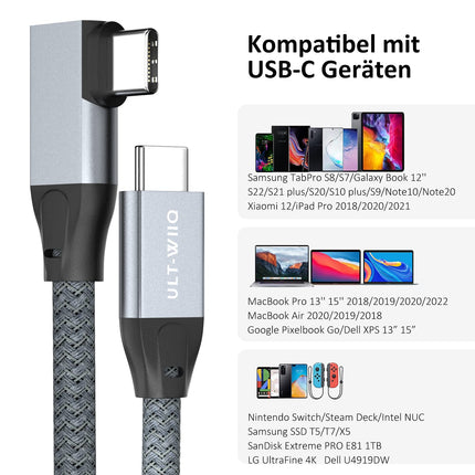 USB-C-auf-USB-C-Kabel, 100 W, 20 Gbit/s, 90-Grad-Winkel, USB 3.2 Gen2 × 2 Typ-C-Datenkabel mit 4K@60Hz-Videoübertragung, 20 Gbit/s Datenübertragung, PD 3.0 QC 4.0 5A Ladekabel für Monitor, OTG, USB-C-Geräte ( 2 Meter) 