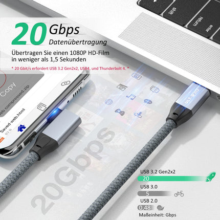 USB-C-auf-USB-C-Kabel, 100 W, 20 Gbit/s, 90-Grad-Winkel, USB 3.2 Gen2 × 2 Typ-C-Datenkabel mit 4K@60Hz-Videoübertragung, 20 Gbit/s Datenübertragung, PD 3.0 QC 4.0 5A Ladekabel für Monitor, OTG, USB-C-Geräte ( 2 Meter) 