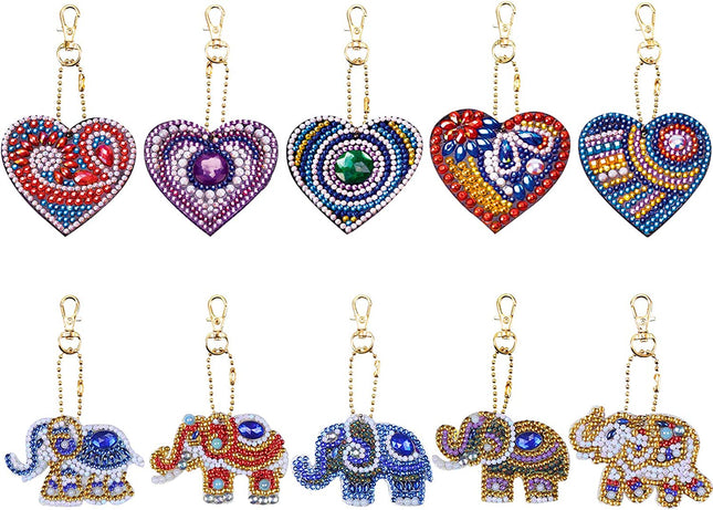 Pack of 10 5D Diamond Painting Pendant Keychains, DIY Diamond Painting Elephant and Love Heart Double Sided Drill Keychain Rhinestone Painting Embroidery Art Craft