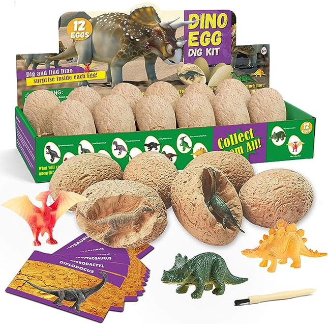 Dinosaurier-Ausgrabungsset – Dino-Ei-Spielzeug mit 12 Dinosauriern, Lernkarten und Ausgrabungsset – Archäologie-Spielzeug für Kinder ab 7 Jahren