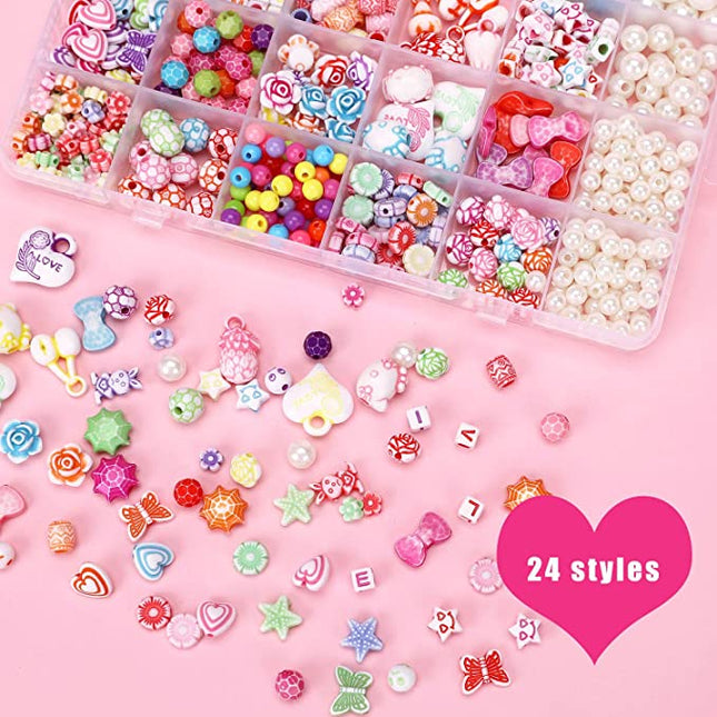 DIY Bead Set, 550 Pieces Kids Pop Beads for Making Necklaces, Bracelets, Ring, Crafts and Jewelry Making for Kids, Girls, Age 4 5 6 7 8, 24 Kinds with 4 Squares of Pearls