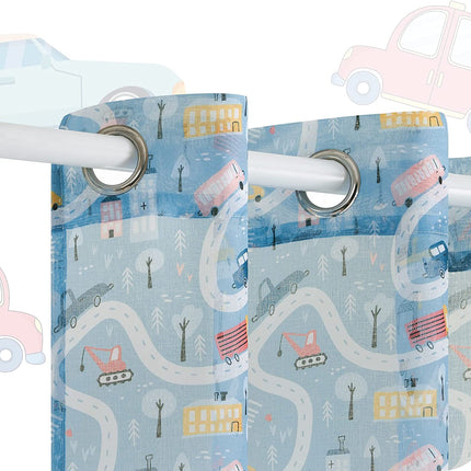Car Print Curtains for Children's Room Nursery Modern Living Room Decorative Sheer Curtains with Eyelets 2 Pieces 140x260cm Blue
