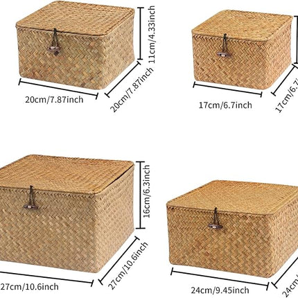 Opbergmanden met Deksel - Set van 4 - Geweven - Natuurlijke Zeegras Manden