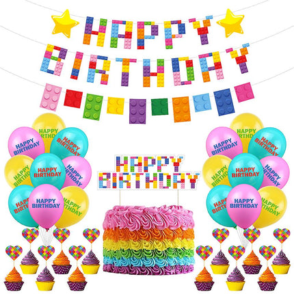 Building Blocks Theme Party Supplies Happy Birthday Letter Banner Colorful Brick and Block Bunting Cake Topper Latex Balloon Decoration Kit Home Hot Sales 