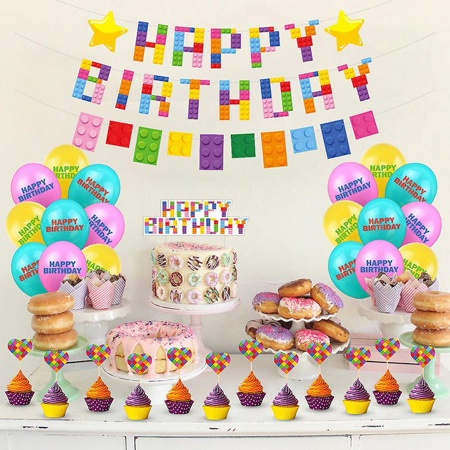 Building Blocks Theme Party Supplies Happy Birthday Letter Banner Colorful Brick and Block Bunting Cake Topper Latex Balloon Decoration Kit Home Hot Sales 