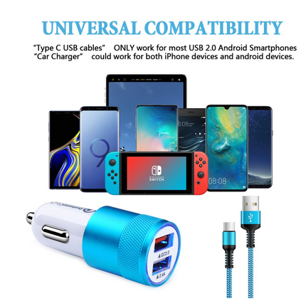 Schnelllade-Android-Autoladegerät, 3,4-A-Autoladegerät-Adapter mit 1,8 m langem Nylon-geflochtenem Micro-USB-Kabel, Schnellsynchronisierungs-Ladekabel 