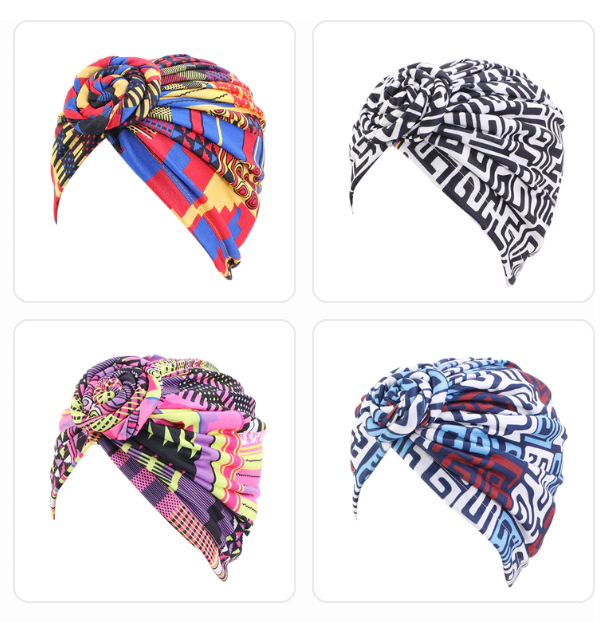 4 Pieces New Fashion Women African Pattern Flower Turban Muslim Turban Headscarf Headwrap Ladies Chemo Cap Bandana Hair Accessories; 4 pieces in the colours: national royal blue - black and white - sky blue - pink