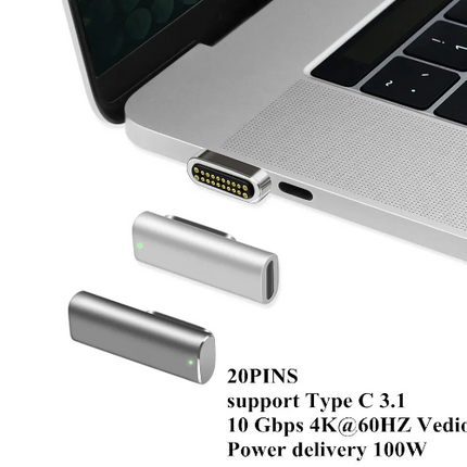 Magnetic USB-C Adapter 20-pin Type-C connector supports USB pd 100 W fast charging 10 GBP/s data transfer and 4K @ 60 Hz video output Compatible with MacBook Pro/Air and other Type-C devices