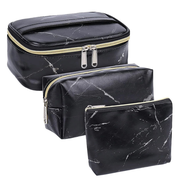 3 Makeup Cases - Portable Toiletry Bags - Cosmetic Bag - Travel Organizer - Waterproof for Women - Color: Marble Black 