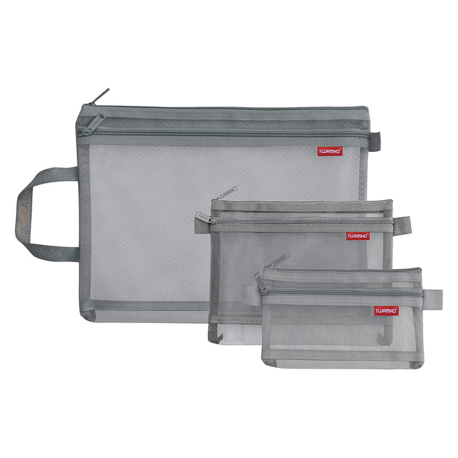 Lefancy Netz-Reisetasche mit Reißverschluss, Nylon, extra leicht, für Büroreisen, 3er-Pack, Sortiment A4 &amp; A5 &amp; A6, Grau 