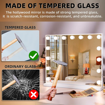 Make-upspiegel - Hollywood - 15 Dimbare leds - 3 kleuren en USB poort - 57x45 CM