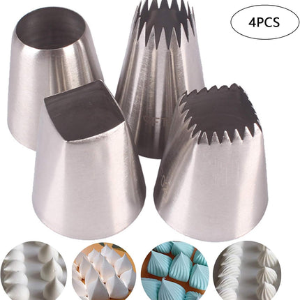 Set van 4 Grote RVS Spuitmondjes voor Taart, Cupcake en Dessert Decoratie