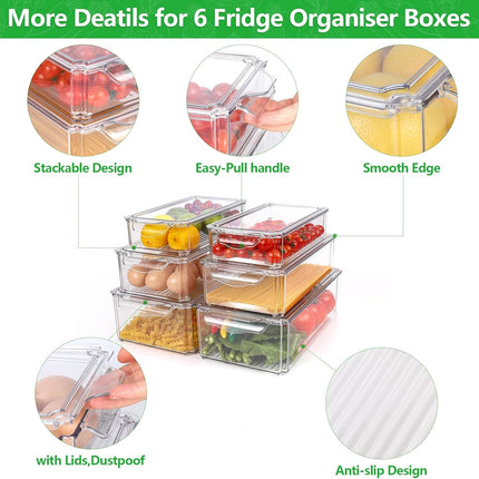 Set van 6 Transparante Koelkast Organizers – Stapelbare Opbergdozen met Deksel en Handvat | BPA-vrij