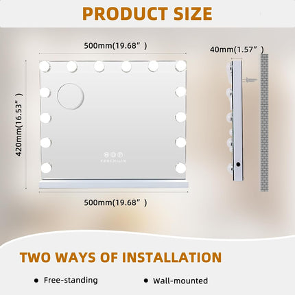 Hollywood Make-Up Spiegel met LED-Verlichting – 14 Dimmers, 3 Lichtstanden, 50×40 cm – Wit