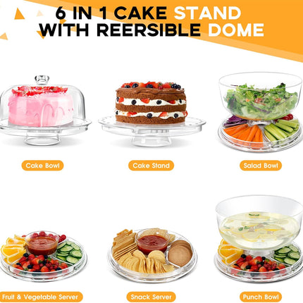 6-in-1 Cake Stand met Deksel – Taart en Saladeschaal in Eén