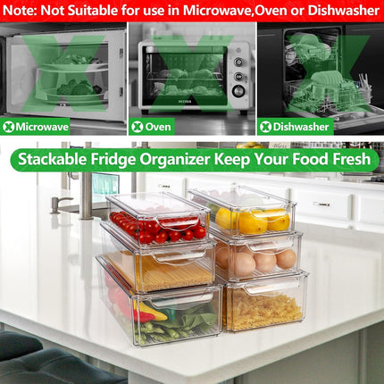 Set van 6 Transparante Koelkast Organizers – Stapelbare Opbergdozen met Deksel en Handvat | BPA-vrij