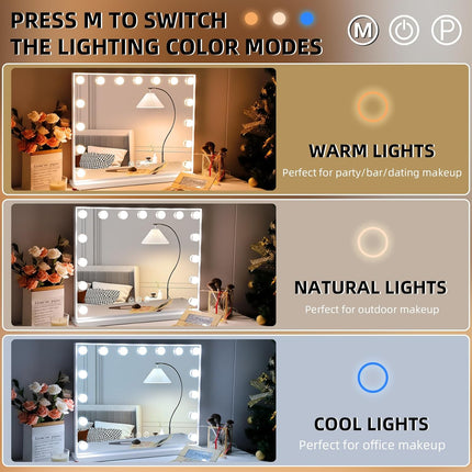 Make-upspiegel - Hollywood - 15 Dimbare leds - 3 kleuren en USB poort - 57x45 CM