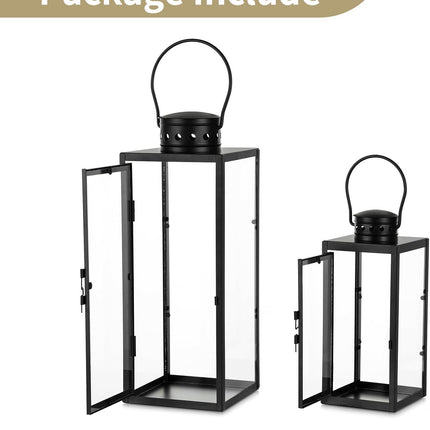Zwarte Metalen Lantaarn Set – 2 stuks - 24 en 35 cm – Stijlvol en Weerbestendig – Binnen en Buiten