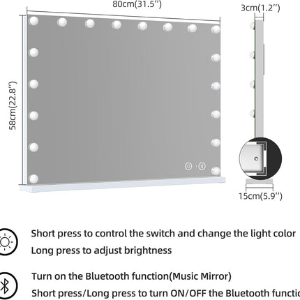 Hollywood Spiegel 80x60 cm met Bluetooth, 18 LED’s en 3 lichtkleuren