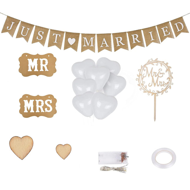 Wedding Decoration Set, Just Married Linen Banner with LED Lights, Cake Topper Wedding, Wooden Hearts Confetti Decoration, MR &amp; MRS Chair Sign and Heart Shaped Balloons for Wedding Car Table Decoration 