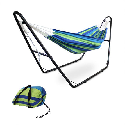 Hammock, hanging bed - Capacity: for 2 people - Height: adjustable - green/blue, with standard H type, cotton, Brazilian