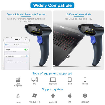 Bluetooth Wireless 2D QR Barcode Scanner - W6 2.4G Wireless CCD Bar Code Reader - For Mobile Payment Computer Screen