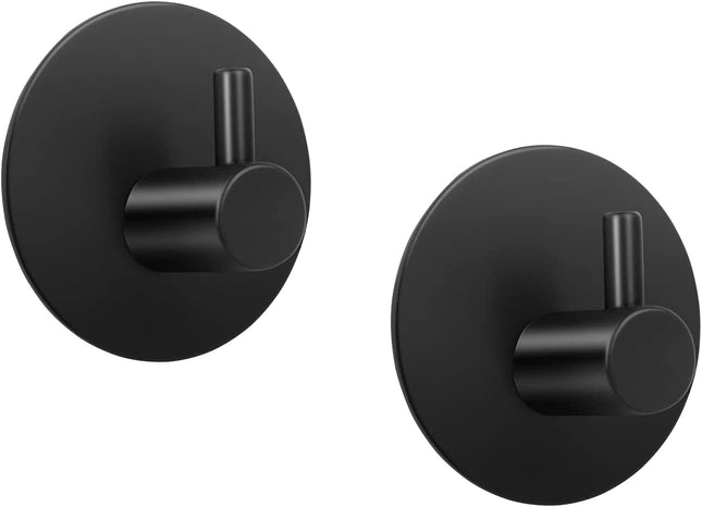 Pack of 2 Self Adhesive Towel Hooks - Black Bathrobe Hooks Wall Hooks Stainless Steel Bathroom &amp; Kitchen Towel Holder Clothes Hooks No Drilling 