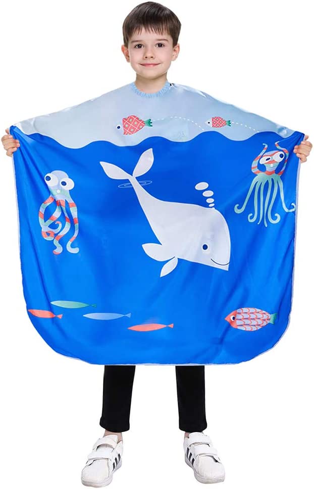Kids Hairdressing Cape with Blue Ocean Pattern, Large 51 x 35" / 130 x 90 cm Kids Styling Apron, Hair Salon Cap for Kids Cute Kids Hair Towel, Makeup Comb Cape for Adults