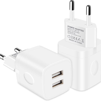 Europese reisstekkeradapter, 2-pack 2.1A dubbele USB-wandoplader EU-lichtnetadapter compatibel met iPhone 14/13/12/11 Pro Max/XS/XR/X/SE/8/7/6, Samsung S22 S21 S20 S9,