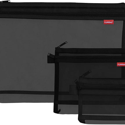 Lefancy 3 Pack Mesh Travel Bag with Zipper Nylon Ultra Lightweight for Office Travel Assortment A4&amp;A5&amp;A6 Black 