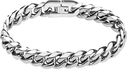 Stainless Steel Men's Bracelet Curb Chain for Men/Boys Heavy Link Cuban Link Bracelet Bangle Hip Hop Rapper Fashion Jewelry 10mm Wide/21cm Long (Silver/Black/Gold)