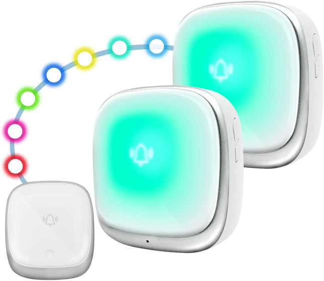 Colorful Waterproof Wireless Doorbell - No Battery Required - Doorbell Kit with 2 Plug-in Receivers - 1 Push Self-Powered Transmitter - LED Indicator - 4 Volume Levels - Ringtone Memory Function