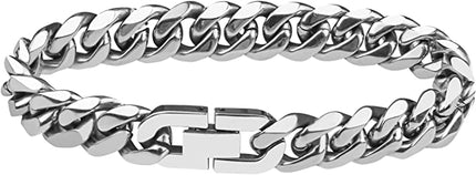 Stainless Steel Men's Bracelet Curb Chain for Men/Boys Heavy Link Cuban Link Bracelet Bangle Hip Hop Rapper Fashion Jewelry 10mm Wide/21cm Long (Silver/Black/Gold)