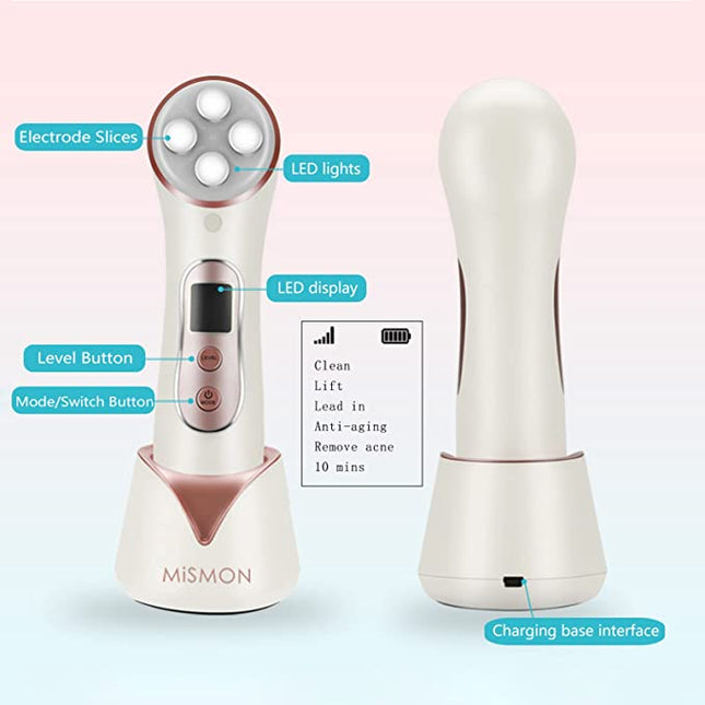 Facial Massager Beauty Toning Device Radio Frequency EMS LED Skin Tightening Treatments Fine Line Wrinkle Reduction Anti Aging 5 Modes USB Rechargeable