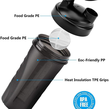 Premium-Shaker-Flasche – lebensmittelechtes PP, spülmaschinen- und mikrowellenfest, rutschfest mit Rührkugel