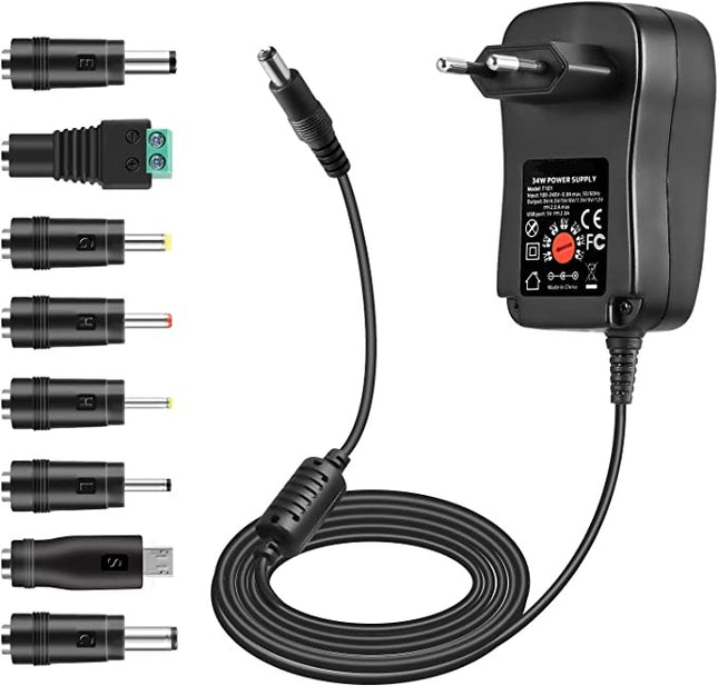34 W Universal Power Supply - Adapter Adjustable Power Supply - Universal Adapter Charger - 8 Adapter Plugs Plus USB 2000 mA