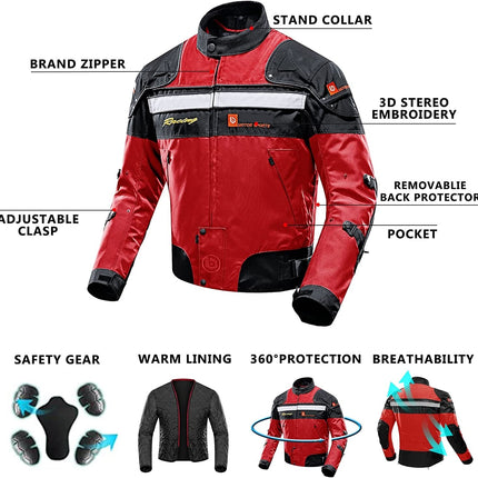 Motorradjacke | Winddicht | 5 Schutzausrüstungsrüstungen | Männer | Frauen | M | Rot