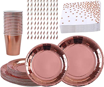 XinYang Rose Gold Party Tableware Set Disposable Paper Tableware 10 Party Plates 9 inch + 10 Paper Plates 7 inch + 10 Paper Cups + 10 Straws + 10 Paper Napkins Disposable Birthday Party Wedding For 10 Guests