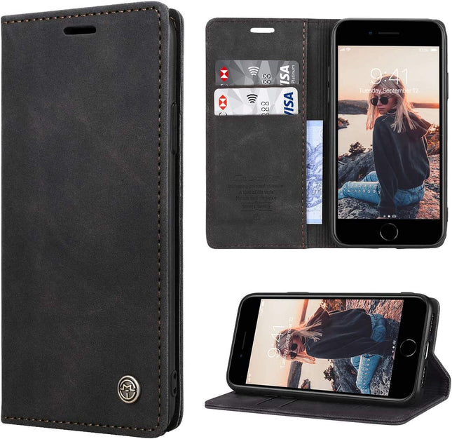 Elegante Leder-Wallet-Hülle passend für iPhone 7/8/SE 2020 – Schwarz mit Kartenhalter