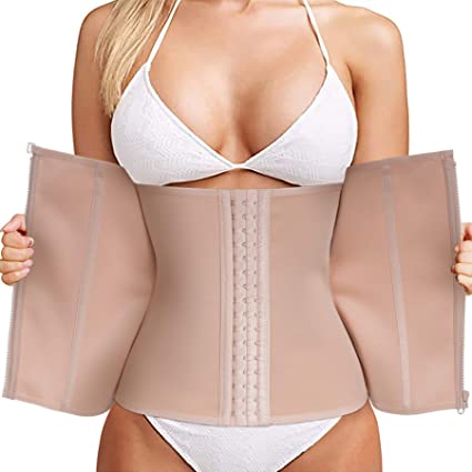 Fitness Girdle Waist Trainer with Zipper Girdle Corset Fajas Reductoras Mujer Fajas Deporte Mesh Neoprene Waist Trainer Belly Girdle Lumbar Shaper Bustier (Beige, Large) - Size L