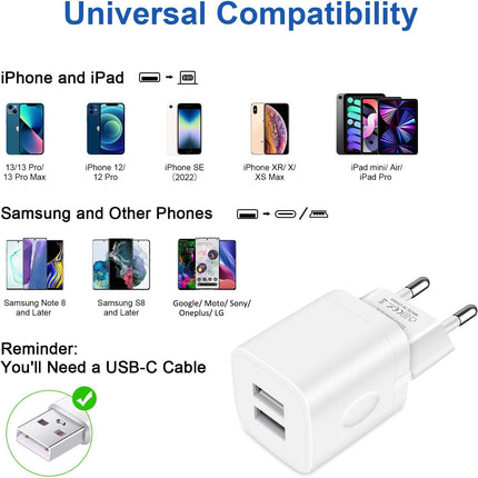 Europese reisstekkeradapter, 2-pack 2.1A dubbele USB-wandoplader EU-lichtnetadapter compatibel met iPhone 14/13/12/11 Pro Max/XS/XR/X/SE/8/7/6, Samsung S22 S21 S20 S9,